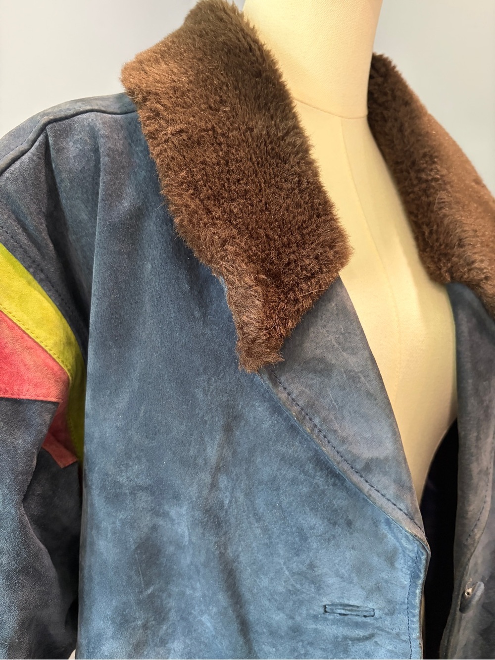 Rare Vintage Sonneur Suede Leather Jacket Faux Fur Collar Southwest Colorblock - Picture 6 of 10
